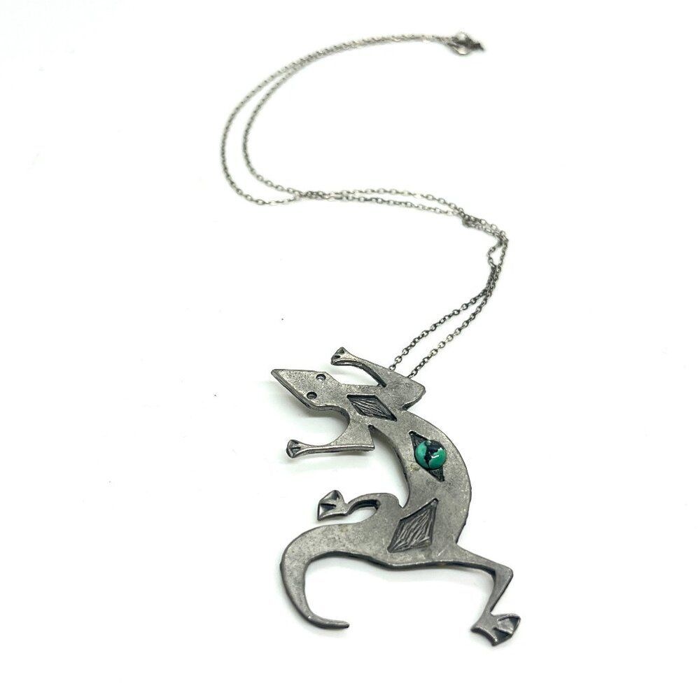 Vintage Pewter Lizard Pendant Sterling Chain Necklace Southwestern Reptile Gecko